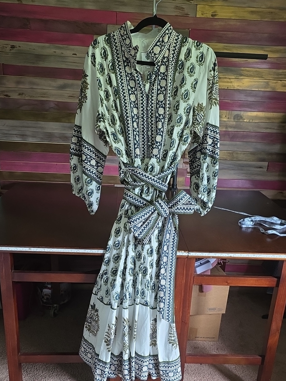 Long Sleeve Printed Tie-Waist Maxi Dress in Cream and Navy